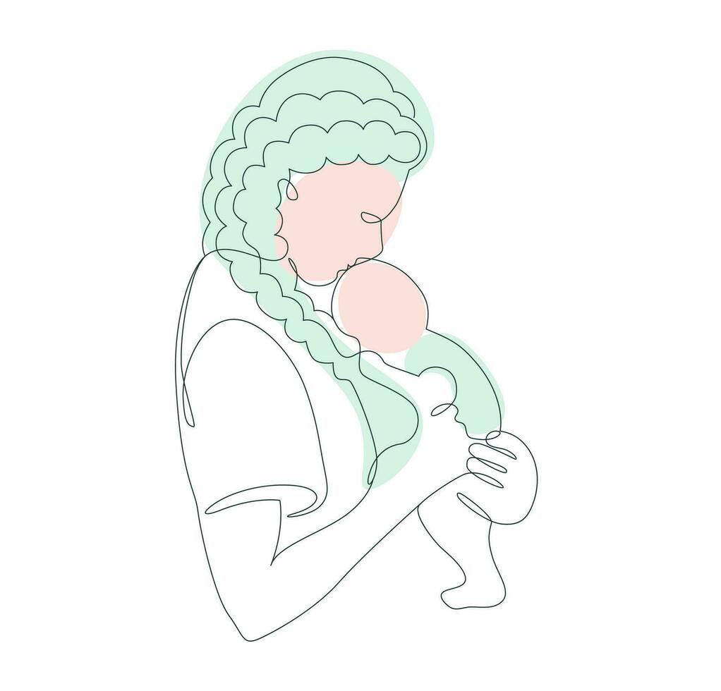 Breastfeeding Mother holding Baby in her arms. Woman Breast Feeding her newborn child vector illustration in Line Art style.