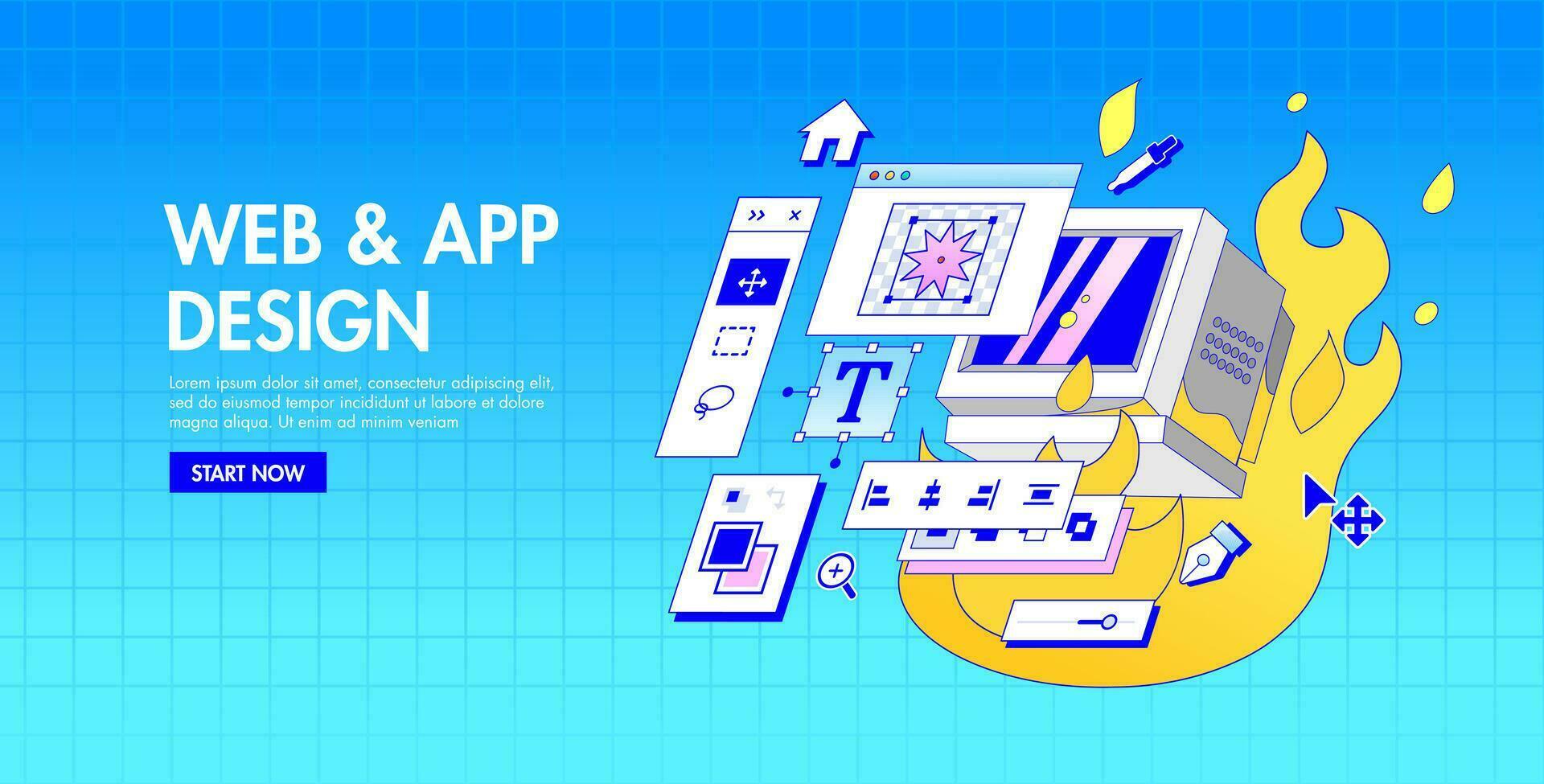 An Old slow Computer does not pull a complex Program for Designers. Computer Burned down on Fire. Optimize an app. Slow render. Retro style vector illustration