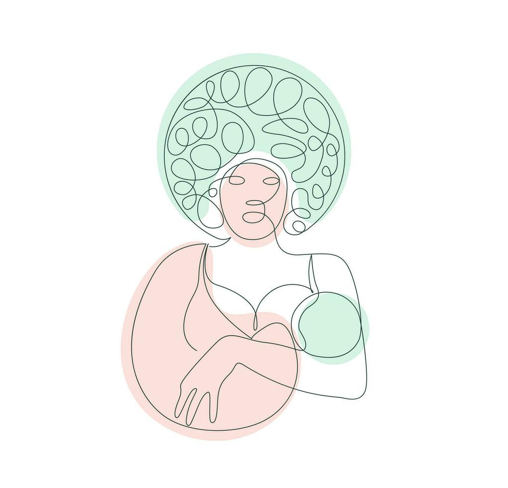 amamantamiento africano americano madre participación bebé en su brazos en arte lineal estilo. mujer pecho alimentación su recién nacido niño. línea Arte vector ilustración