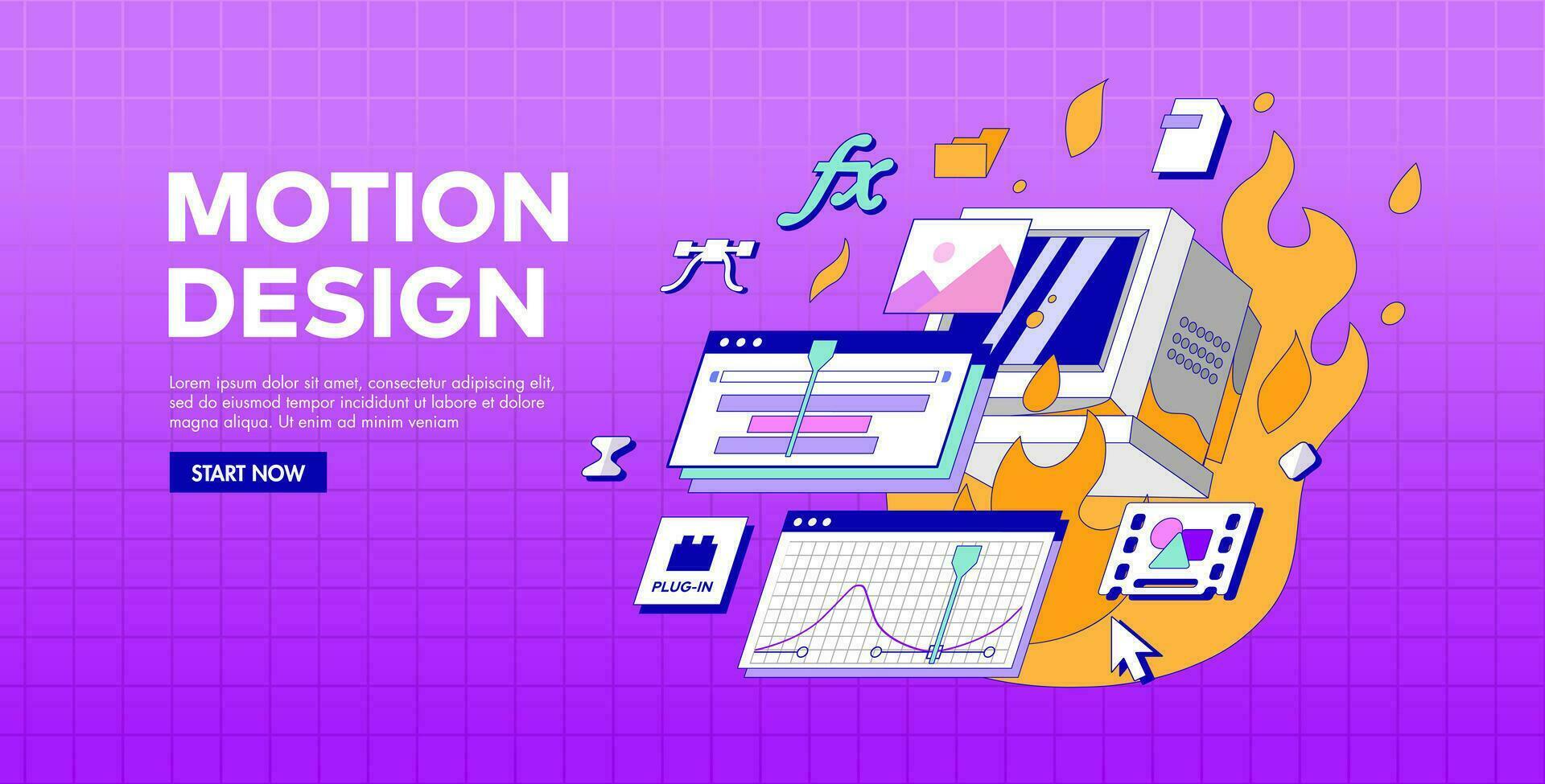 An Old slow Computer does not pull a complex Program for Motion Design. Computer Burned down on Fire. Optimize an app. Slow render. Retro style vector illustration