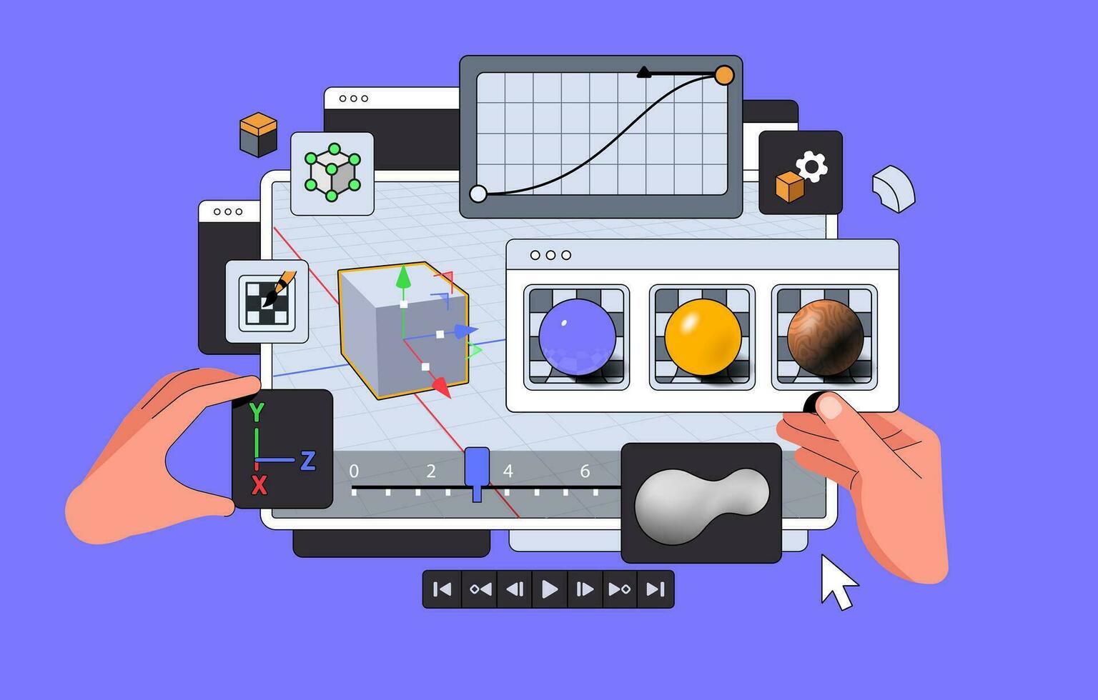 3D Software suite Interface Layout with hands. Viewport of Program for Motion Designers and Animators. Big panels. Minimal Vector illustration.