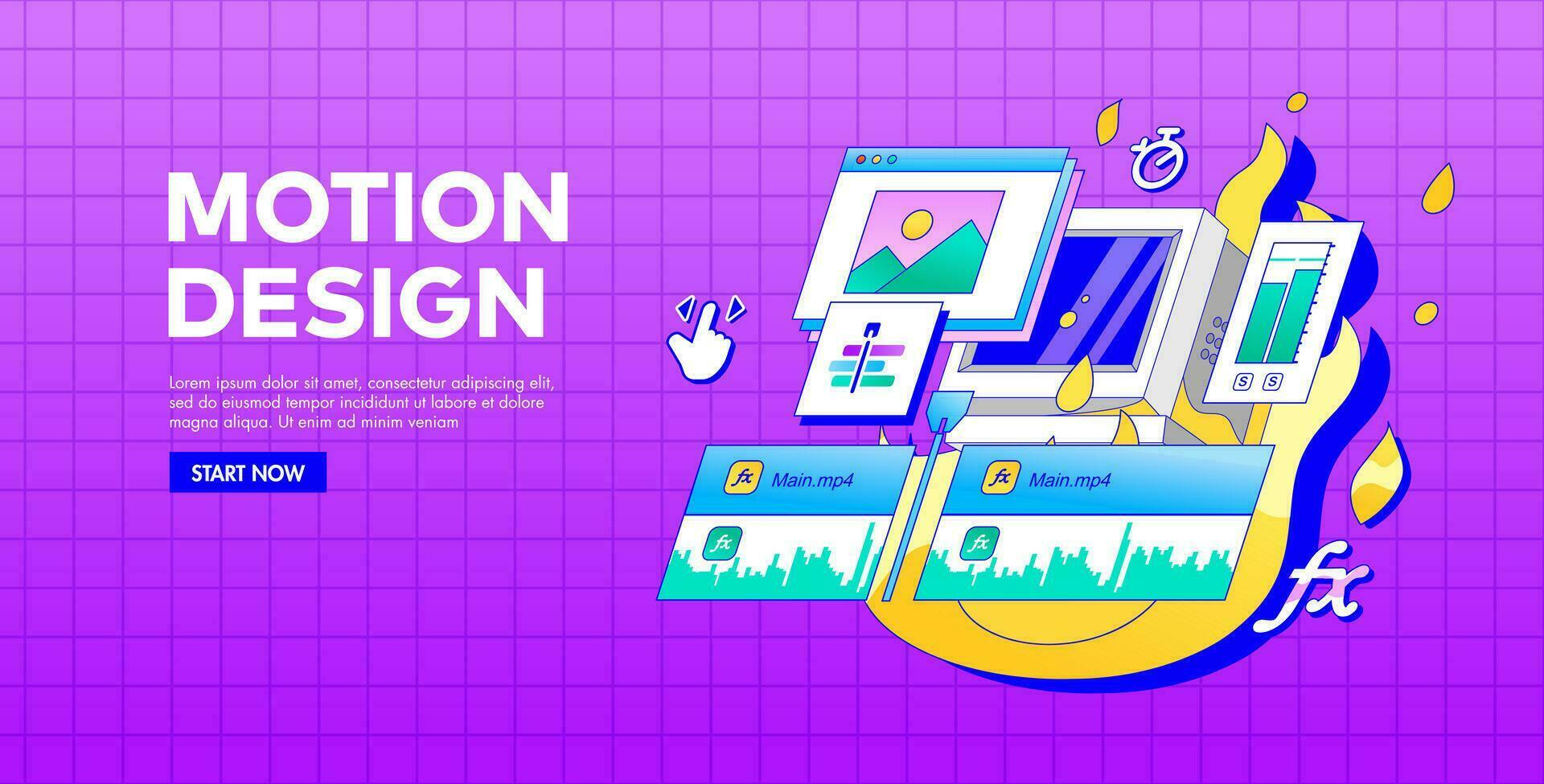 An Old slow Computer does not pull a complex Program for Video Edit. Computer Burned down on Fire. Optimize an app. Slow render. Retro style vector illustration