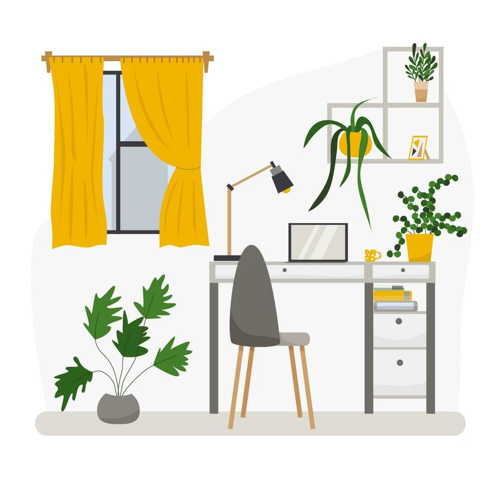 Modern interior in bright colours with workplace, computer, lamp vector