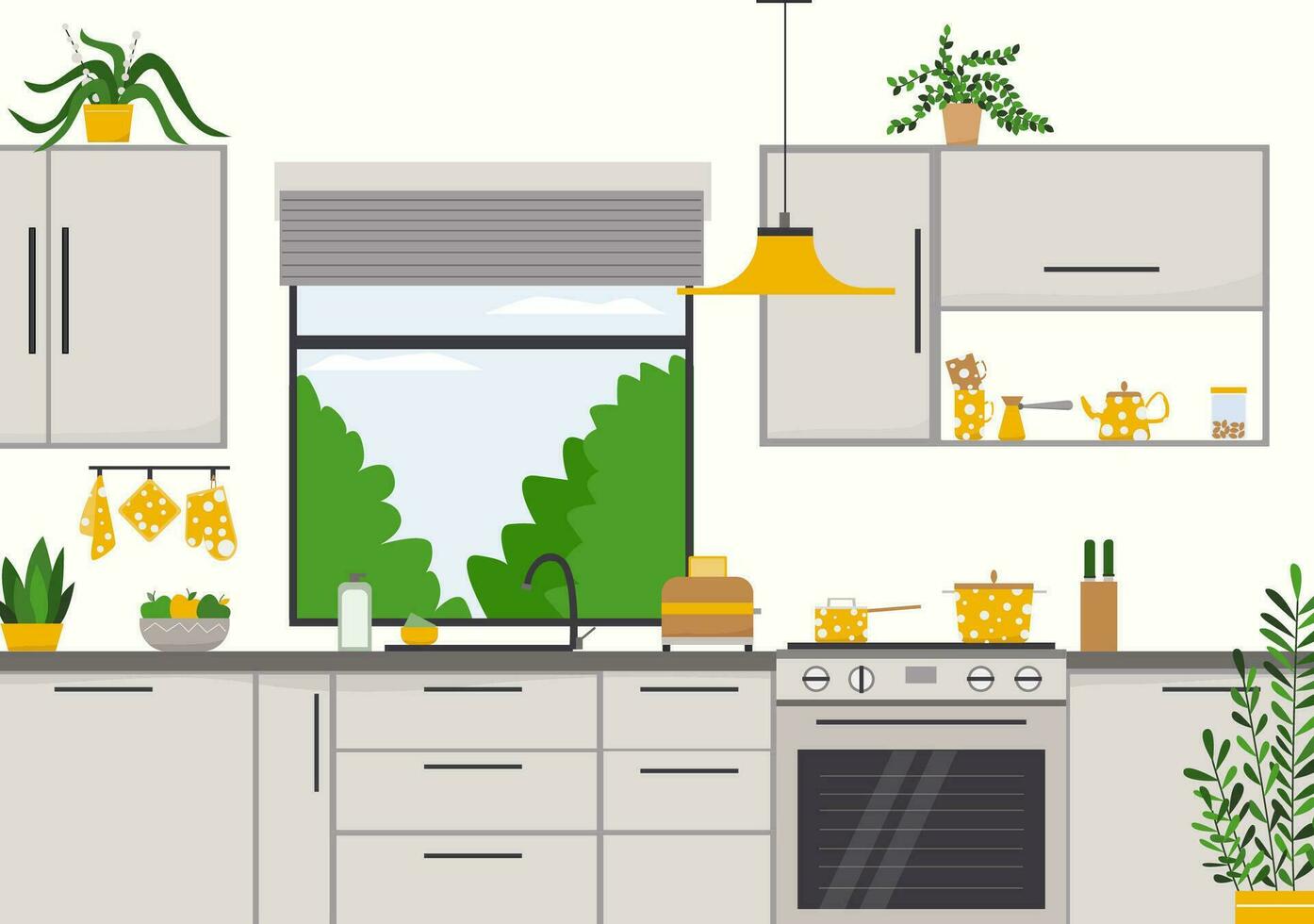 Kitchen interior with furniture, flat style vector illustration