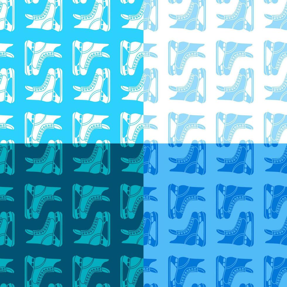 set of seamless patterns with ice hockey player boot. Sports protective equipment for athlete. Ornament for decoration and printing on fabric. Design element. Vector