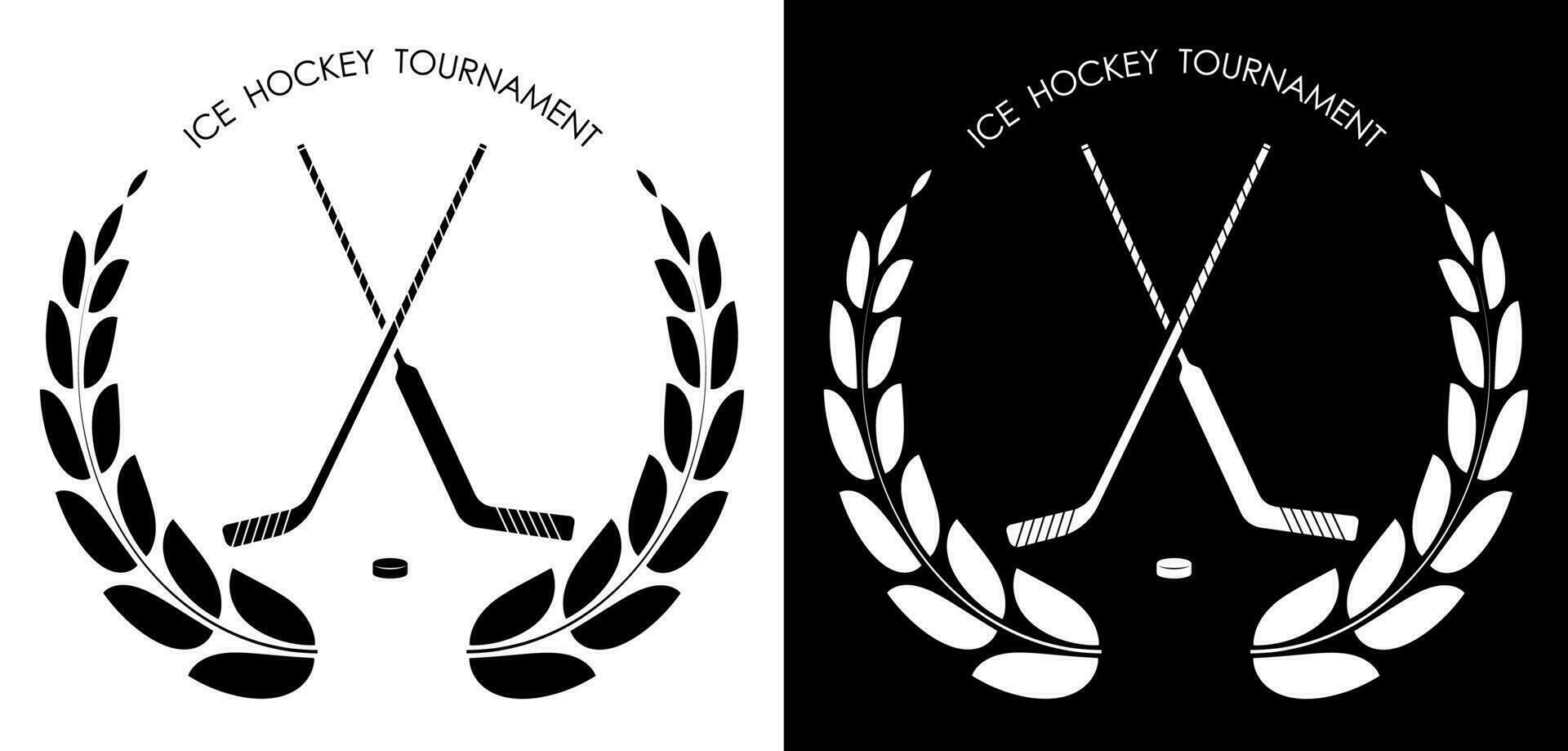 symbol, emblem of sports sticks for goalkeeper and fielder and black rubber puck for ice hockey with laurel wreath for competition. Hockey sports equipment. Active lifestyle. Vector