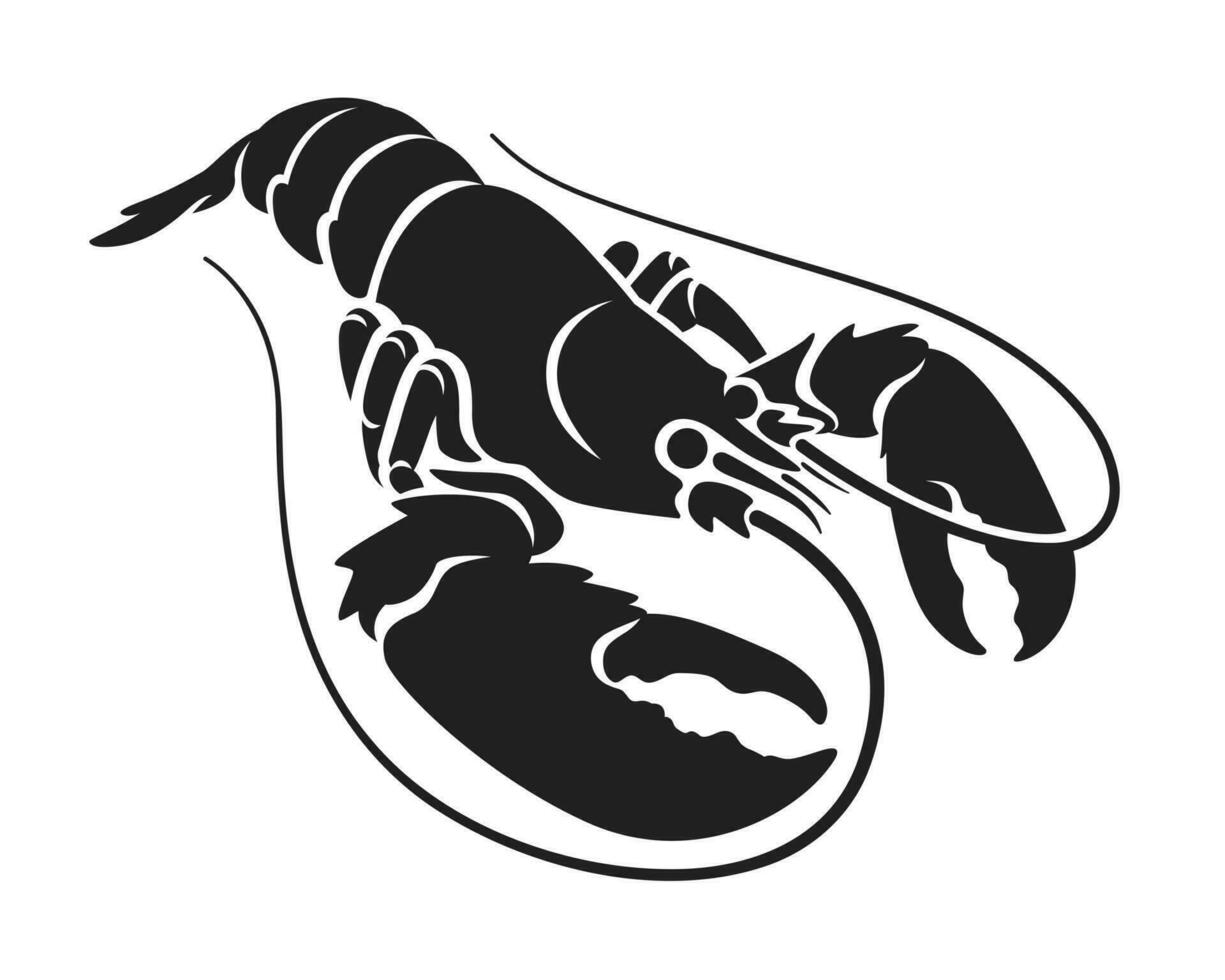 Black lobster drawing, seafood symbol on white background. vector