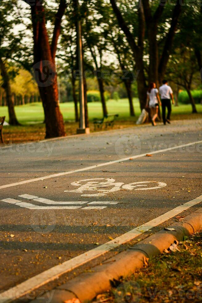 bicicleta carril firmar en el la carretera en el parque foto