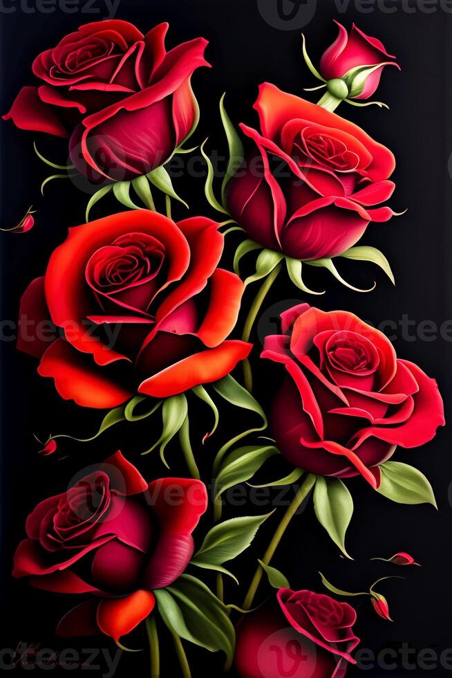 ramo de flores de rojo rosas en un negro fondo, ai generado foto