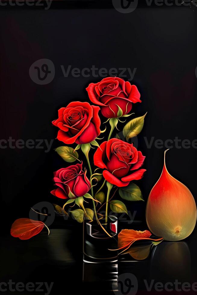 bouquet of red roses on a black background, photo