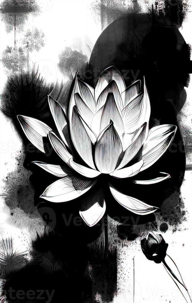 black and white drawing of a lotus flower close-up, monochrome graphics, photo