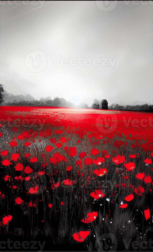brillante ilustración paisaje con rojo amapolas, fondo, ai generativo foto