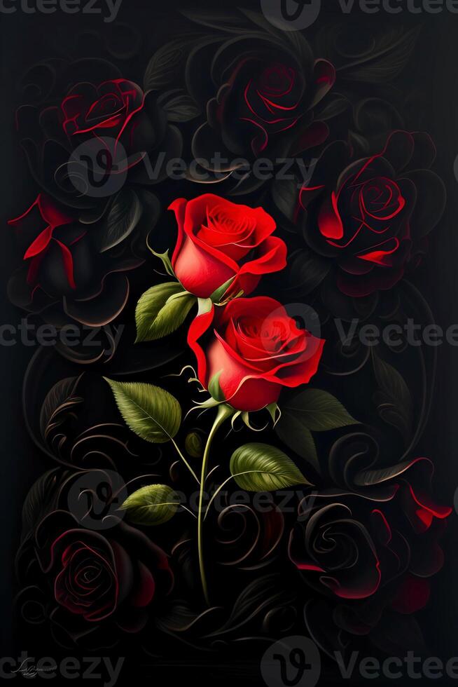 bouquet of red roses on a black background, photo