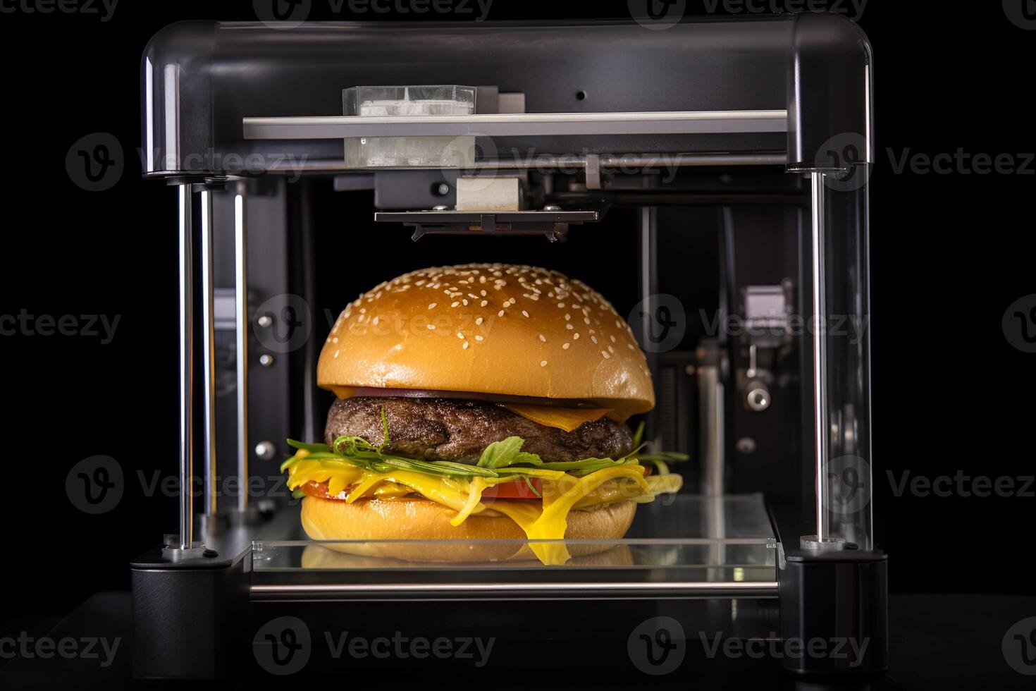 3D printer prints meat burger. Cooking device of future for making food. Home future technology. Realistic composition with process 3d printing of burger imitation. photo