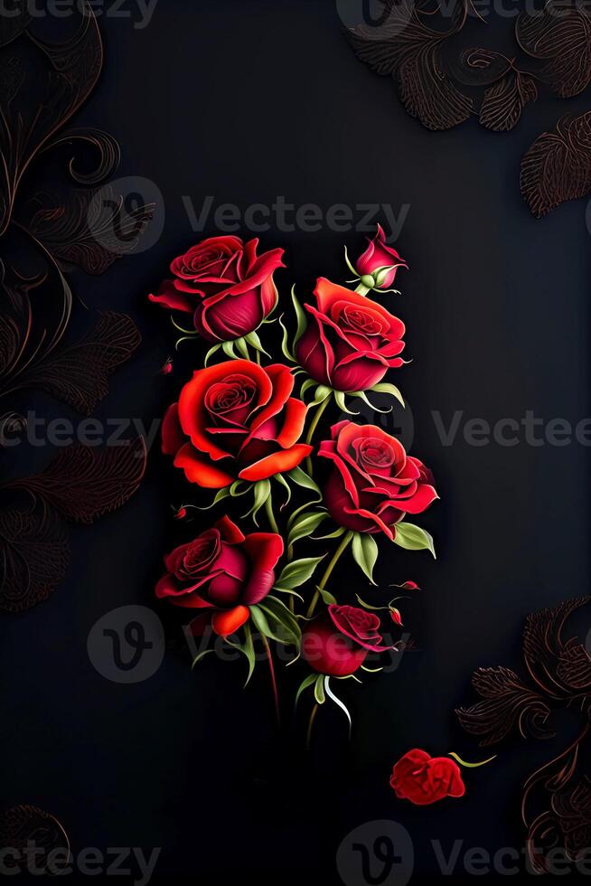 bouquet of red roses on a black background, photo