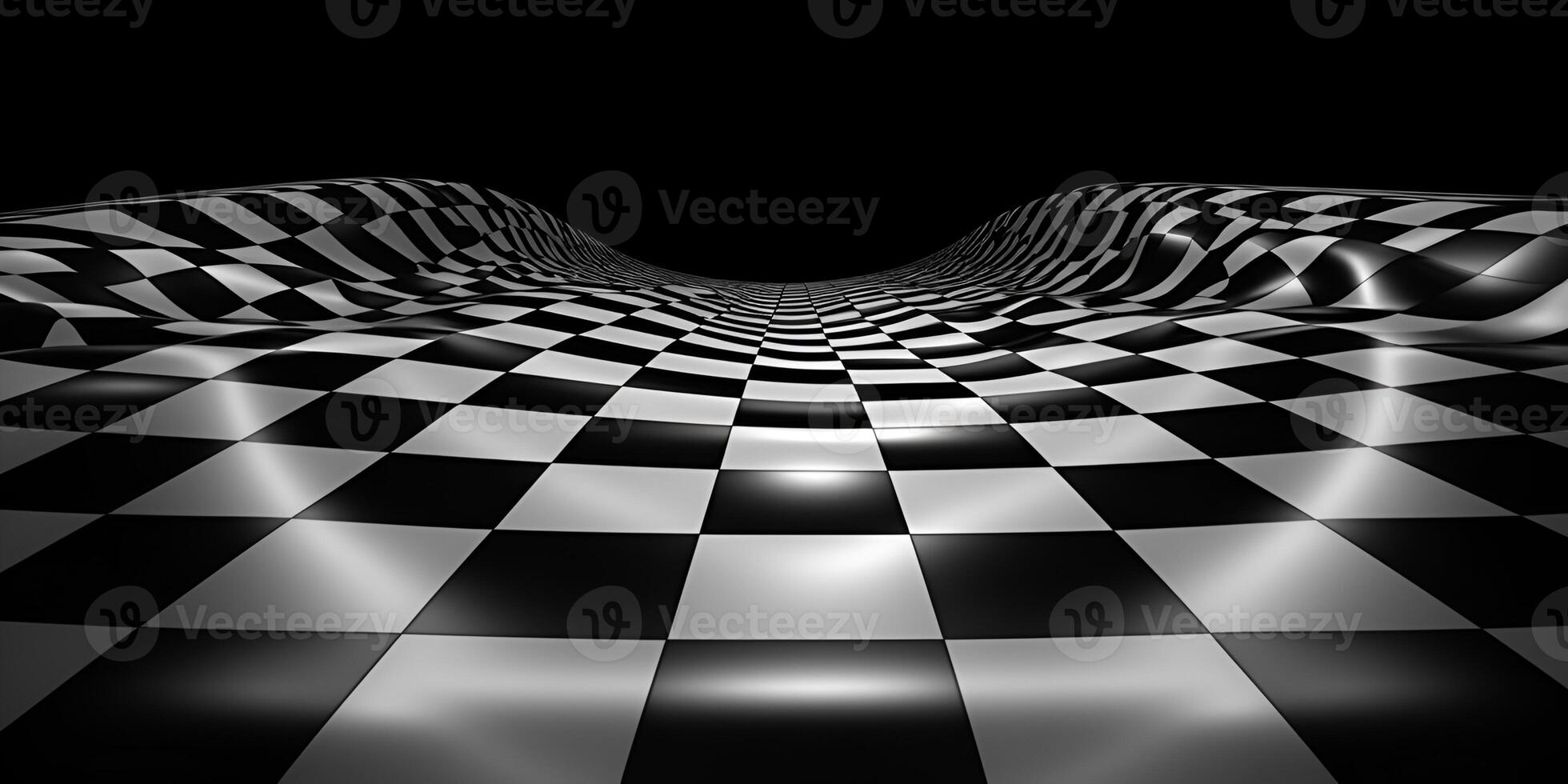 Groovy psychedelic wavy chessboard background. Checker retro psychedelic texture. Abstract black and white background. Hippie twisted gingham checkerboard pattern. photo
