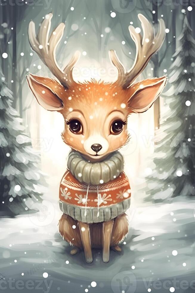 Cute cartoon christmas deer in a knitted sweater. Santa reindeer with horns in snowy magic forest. Xmas funny reindeer character in the north. photo