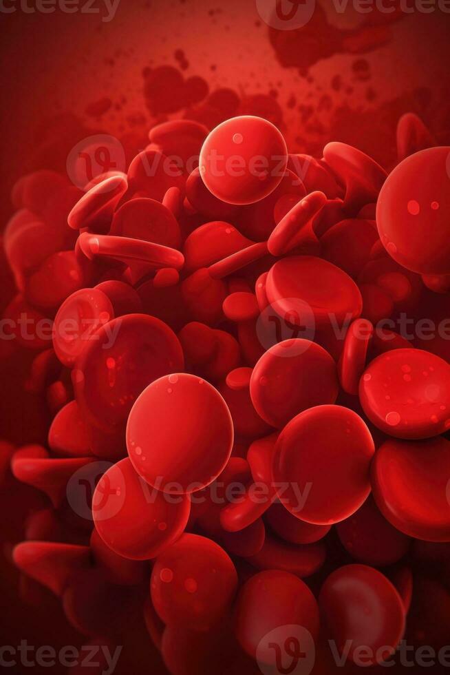 Red blood cells. Circulation of hemoglobin through vessels. Blood anemia background. Human red erythrocytes. Hemoglobin under electron microscope. Thrombosis. Generative ai photo