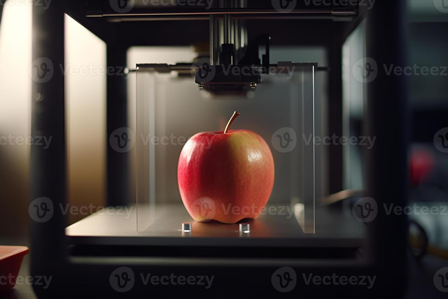 3D printer prints red apple. Cooking device of future for making food. Home future technology. Realistic composition with process 3d printing of apple imitation. photo