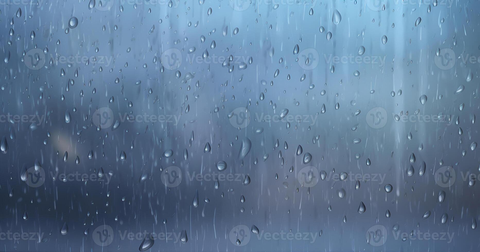 Rain drops on window surface. Rainy drops on windowpane over blurred city view. Wet grey glass backgound. Generated by artificial intelligence. photo
