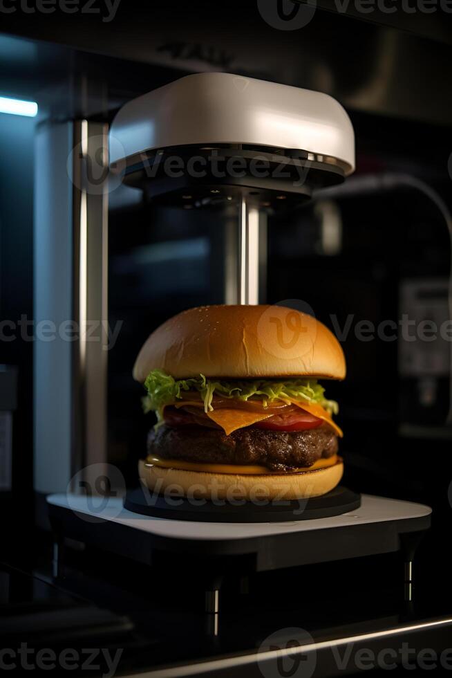 3D printer prints meat burger. Cooking device of future for making food. Home future technology. Realistic composition with process 3d printing of burger imitation. photo