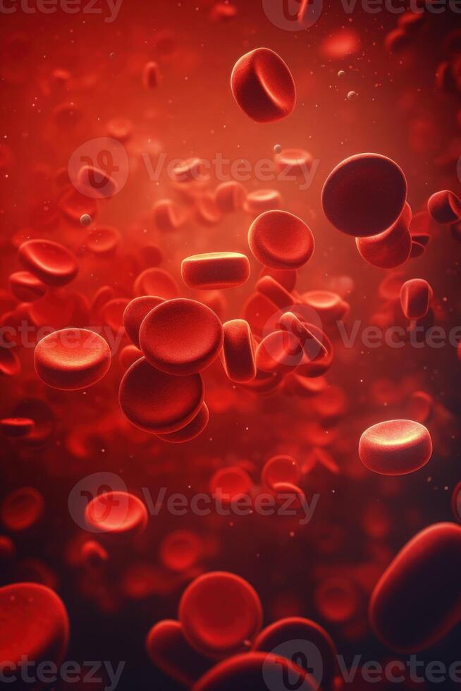 rojo sangre células. circulación de hemoglobina mediante vasos sangre anemia antecedentes. humano rojo eritrocitos hemoglobina debajo electrón microscopio. generativo ai foto