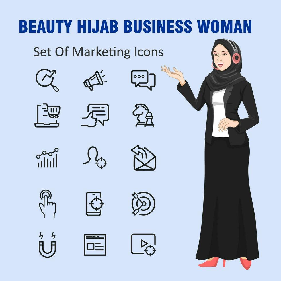 arabic muslim business woman character using headset and vector marketing icon set