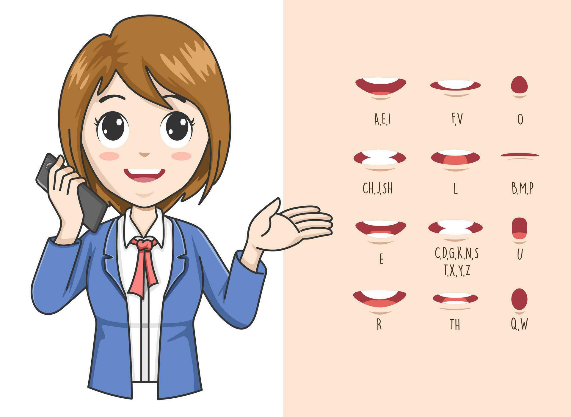 Businesswoman lip sync. Lip sync collection for animation. female mouth