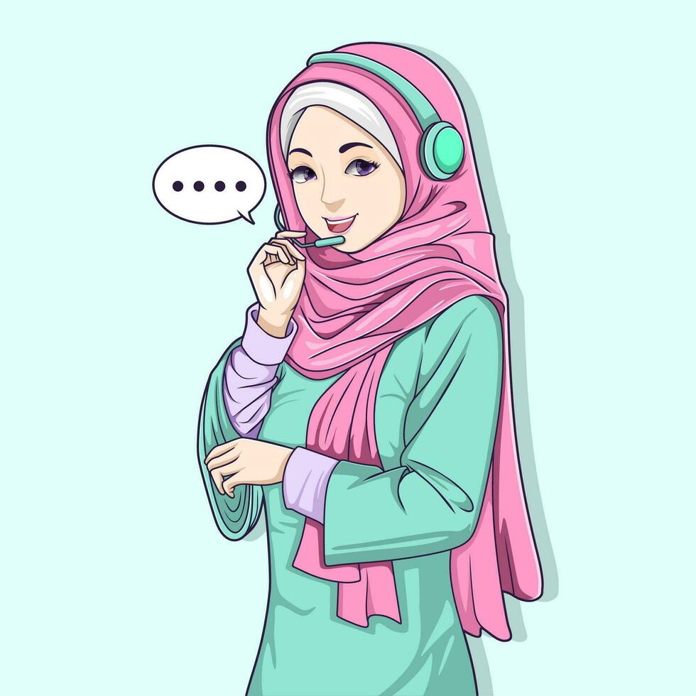 Beautiful Muslim Woman customer service operator in headset with microphone. Young customer service operator using headset with microphone. Cartoon style vector design illustration.