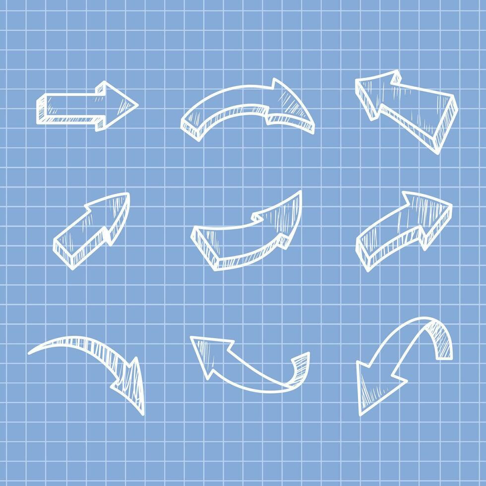Arrows. Hand drawn sketch. Pencil drawing. Vector illustration isolated with blue checkered paper.