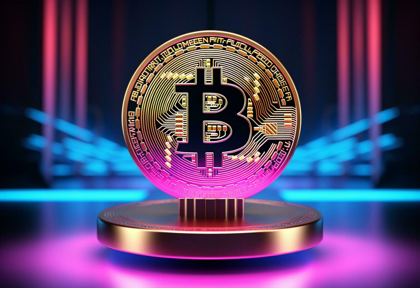 Big golden bitcoin coin stand on neon pink and blue business digital background with copy space photo