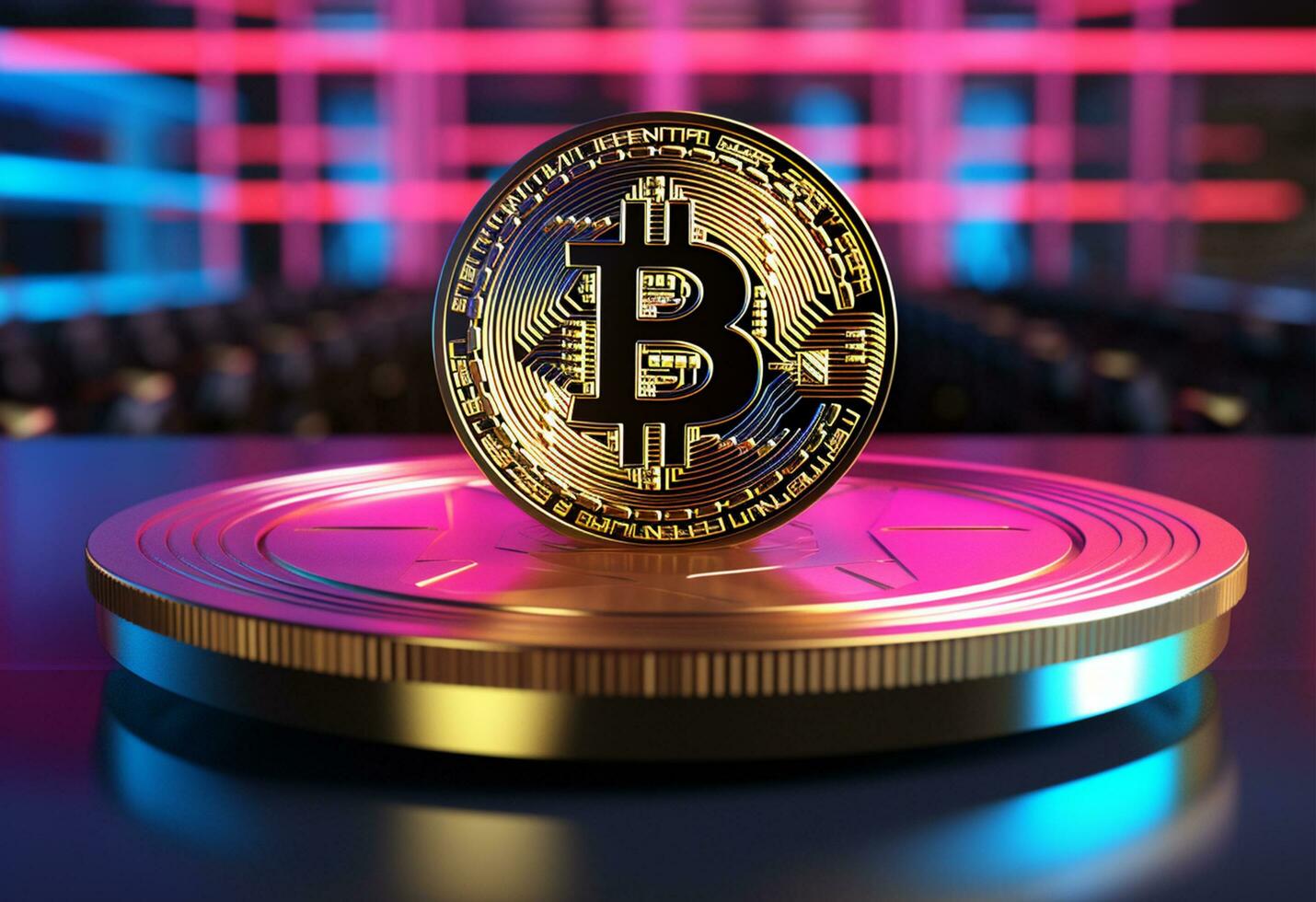 Big golden bitcoin coin stand on neon pink and blue business digital background with copy space photo