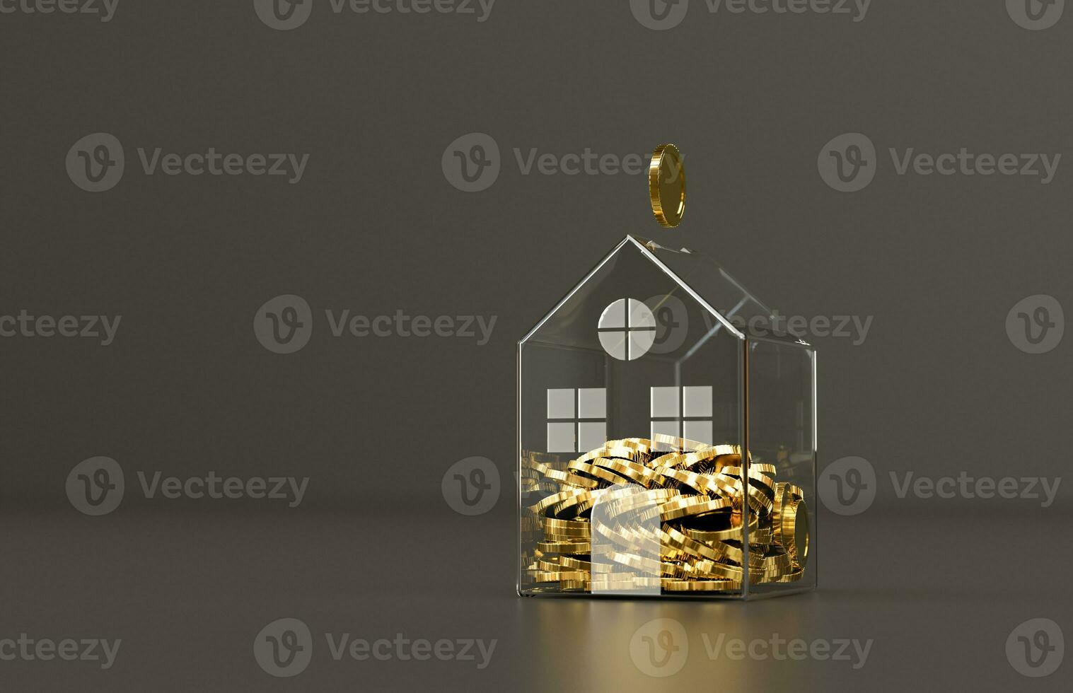 Gold coins in a transparent piggy bank in a simple house shape. 3D rendering photo