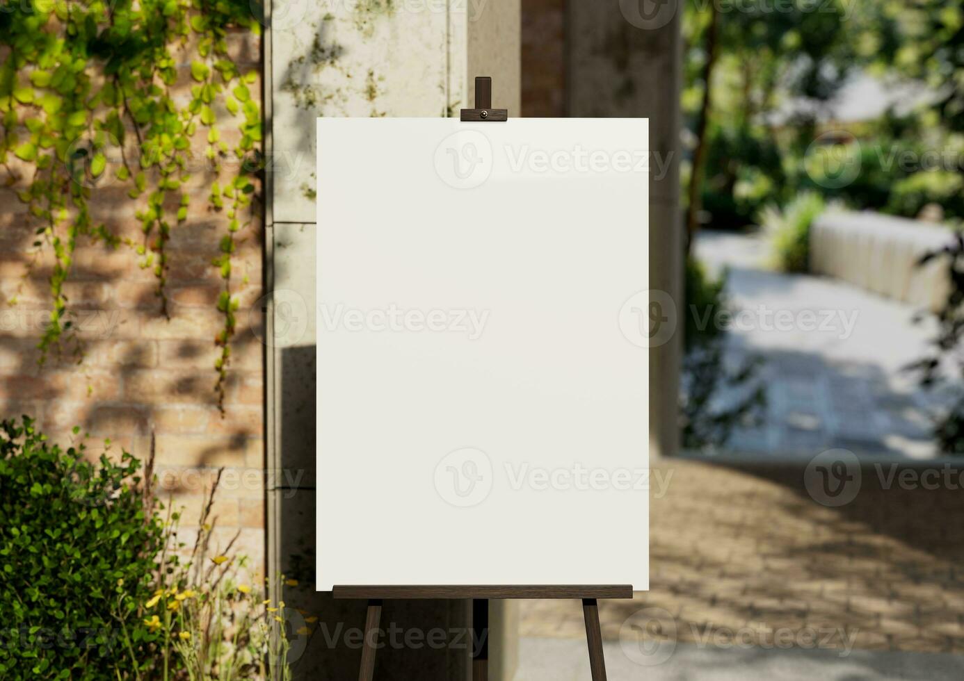 Wedding white Board, welcome sign, Seating chart Mockup , outdoors. Greeting template with clipping path. 3D rendering photo