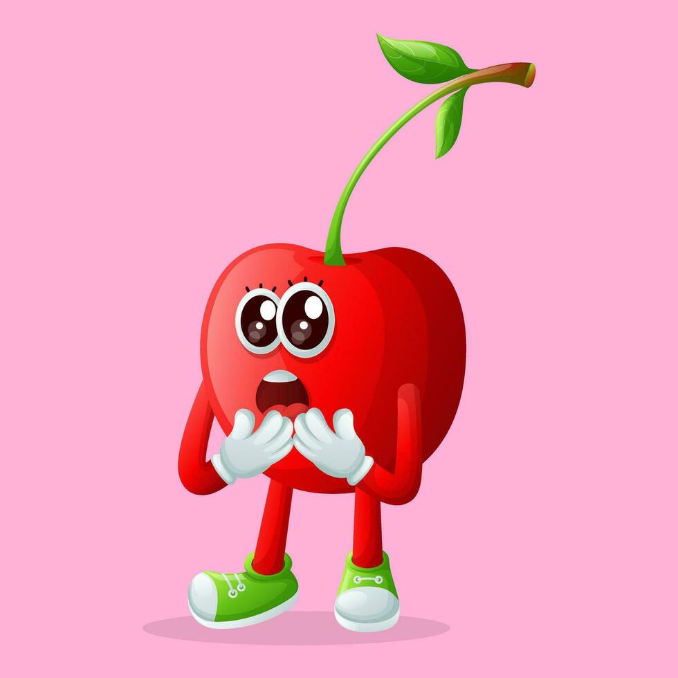 Cute cherry character with a surprised face and open mouth vector