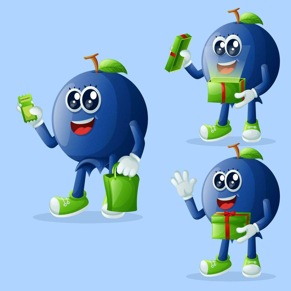 Cute blueberry characters receiving gifts vector