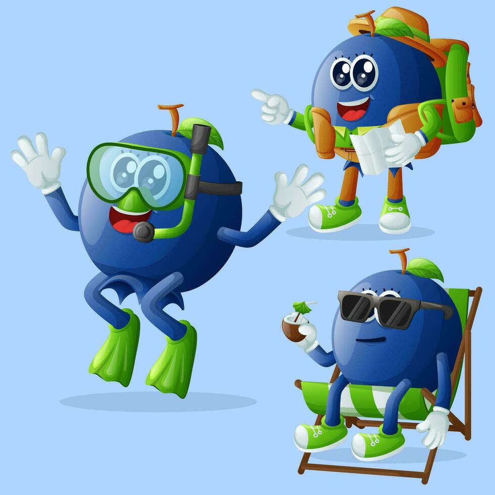 Cute blueberry characters on vacation vector