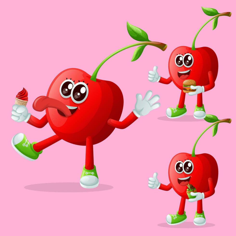 Cute cherry characters enjoying food vector