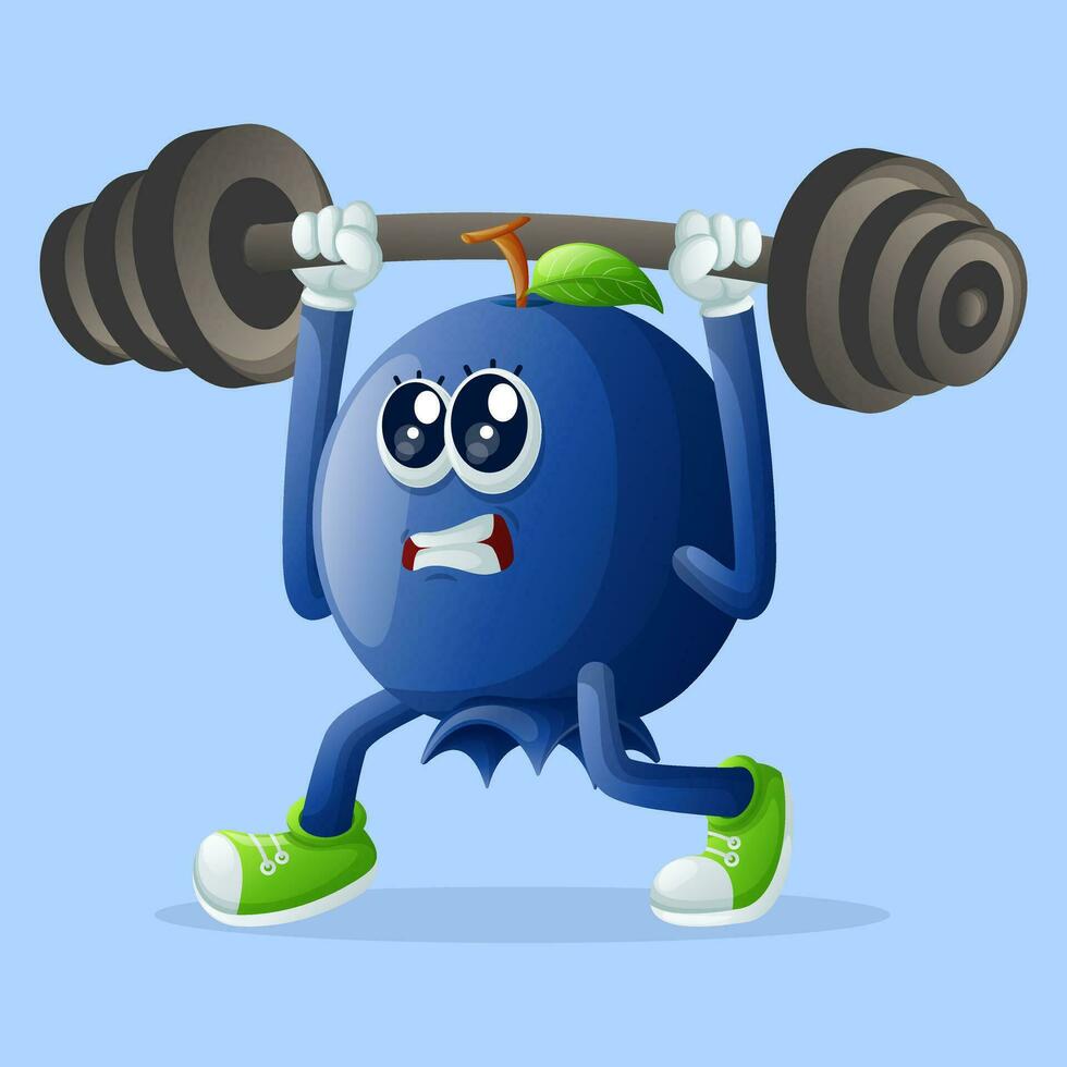 Cute blueberry character lifting weights vector