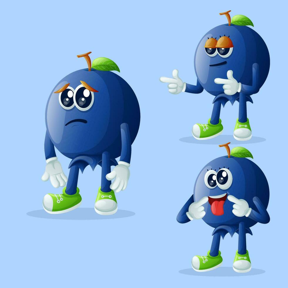 Cute blueberry characters with different facial expressions vector