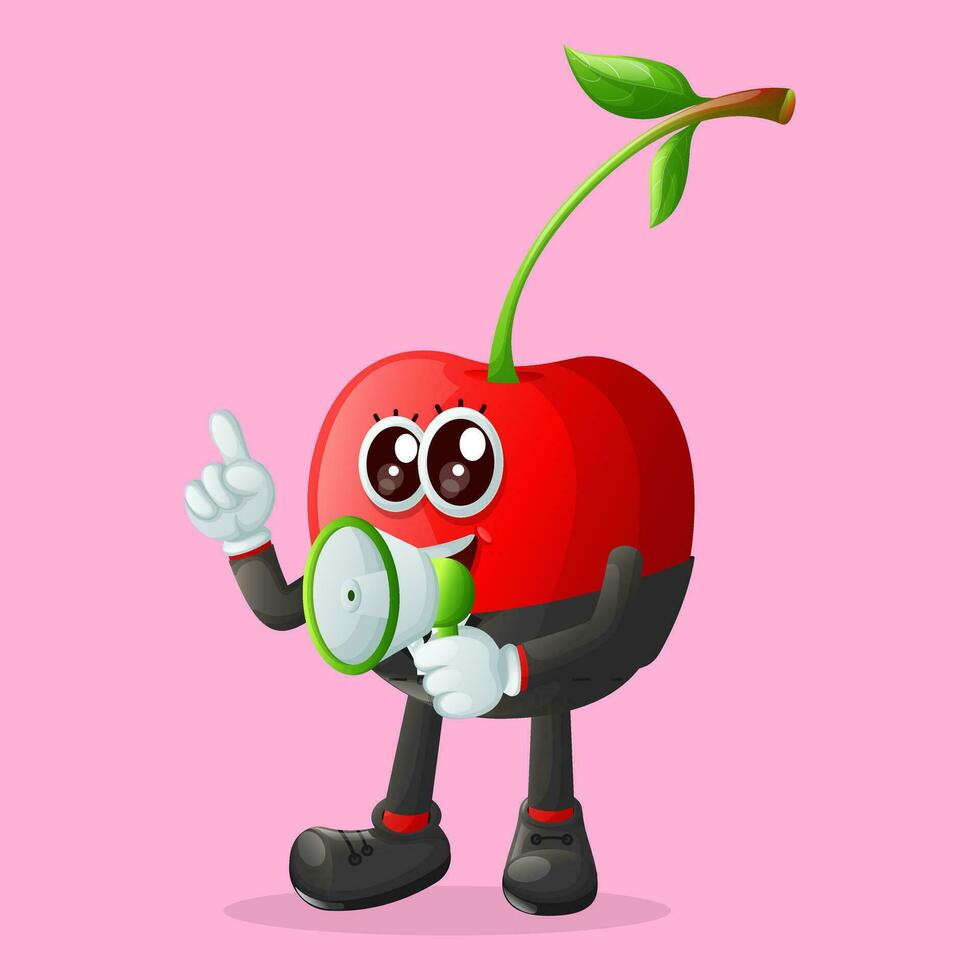 Cute cherry character holding a megaphone vector