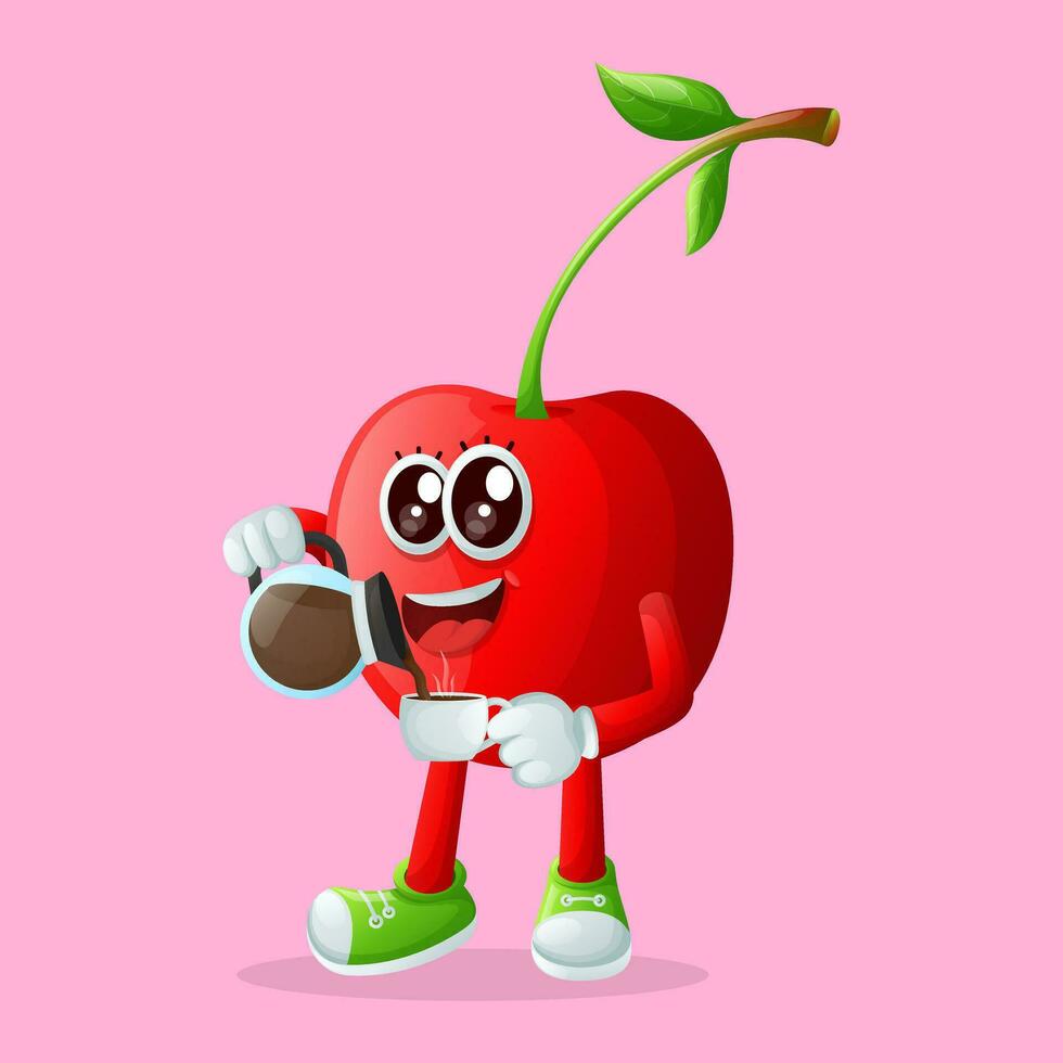 Cute cherry character pouring coffee vector