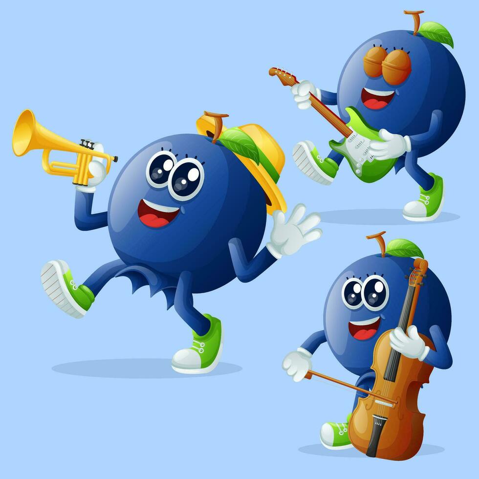 Cute blueberry characters playing musical instruments vector