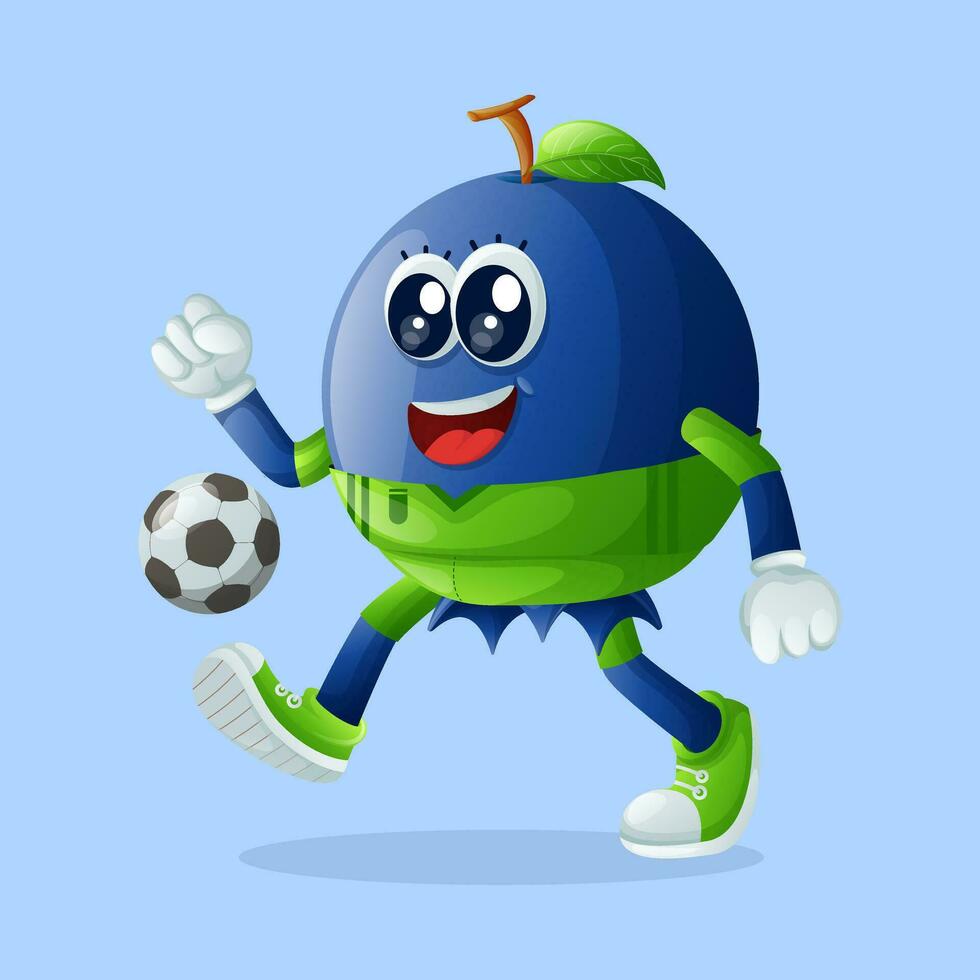 Cute blueberry character playing soccer vector