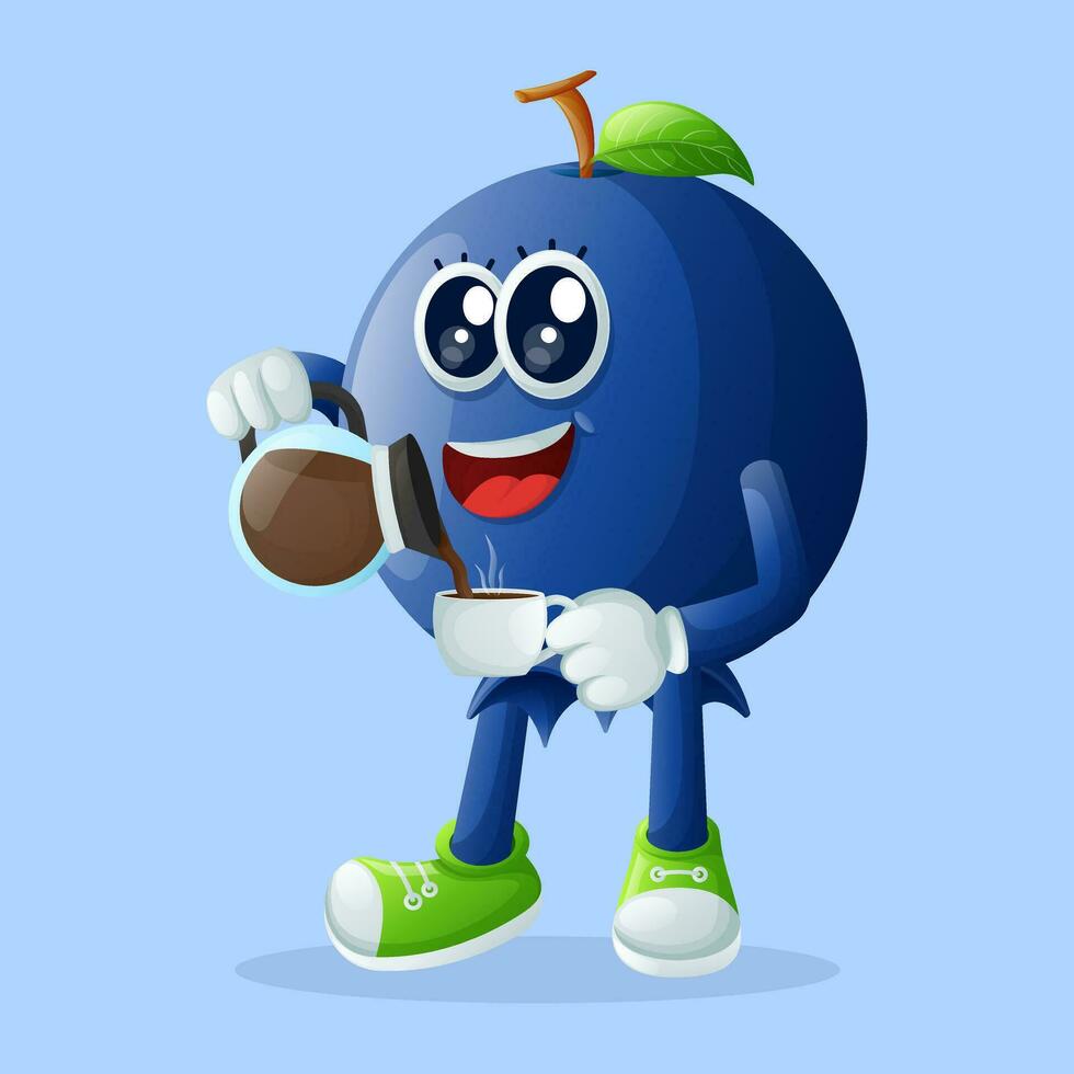 Cute blueberry character pouring coffee vector