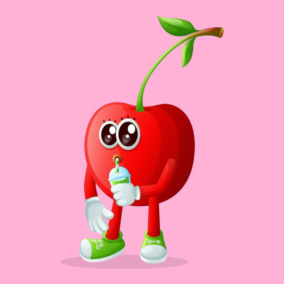 Cute cherry character drinking a green smoothie with a straw vector