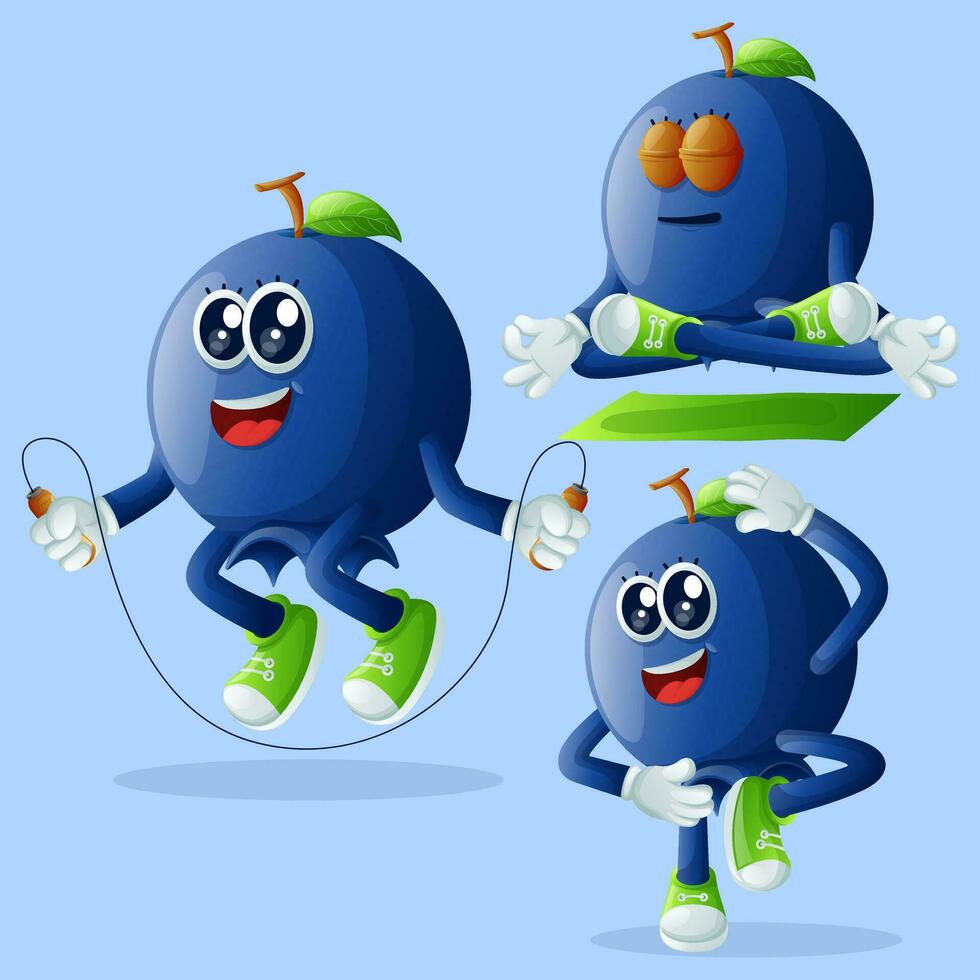 Cute blueberry characters exercising vector