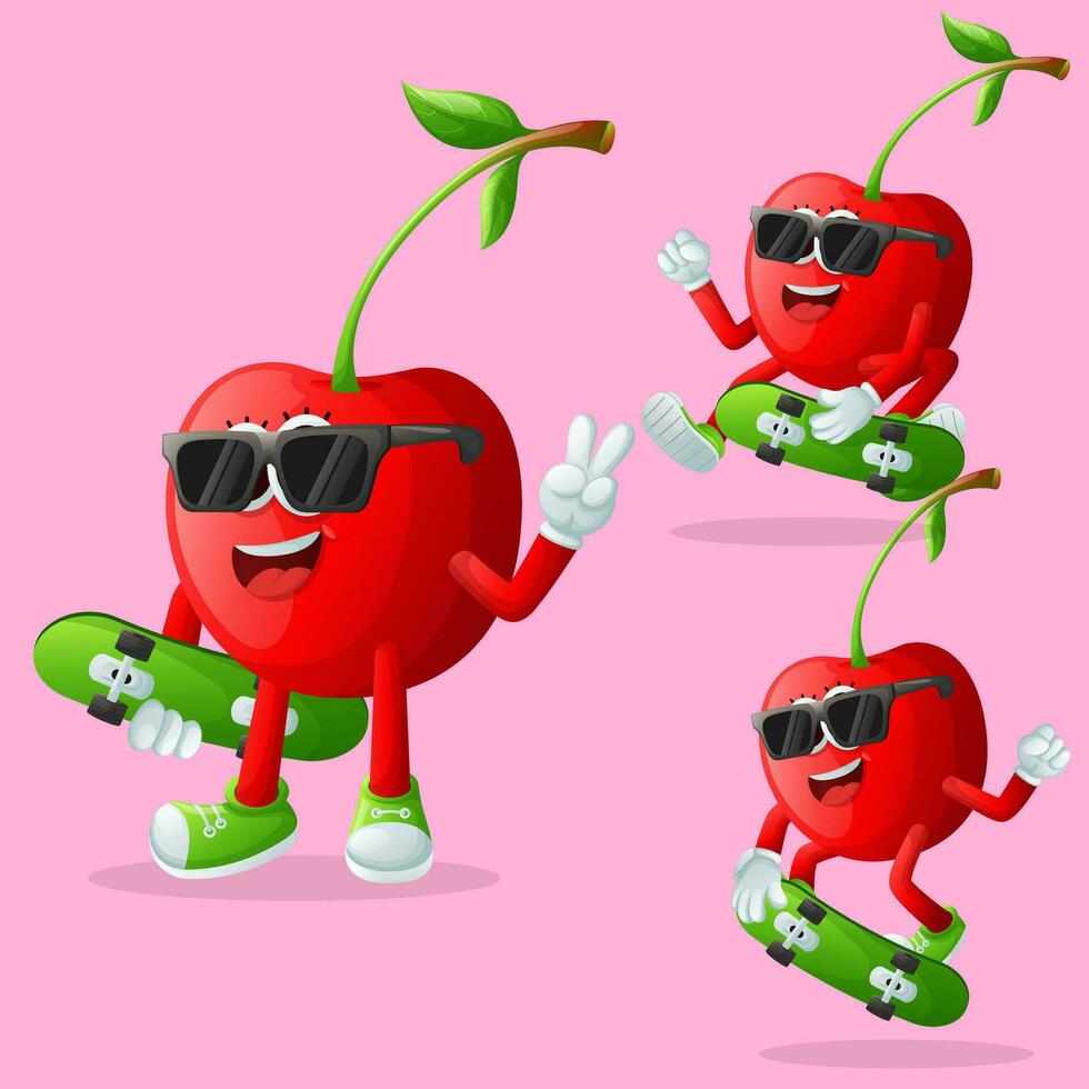 Cute cherry characters skateboarding vector