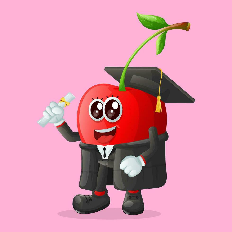 Cute cherry character wearing a graduation cap and holding a diploma vector