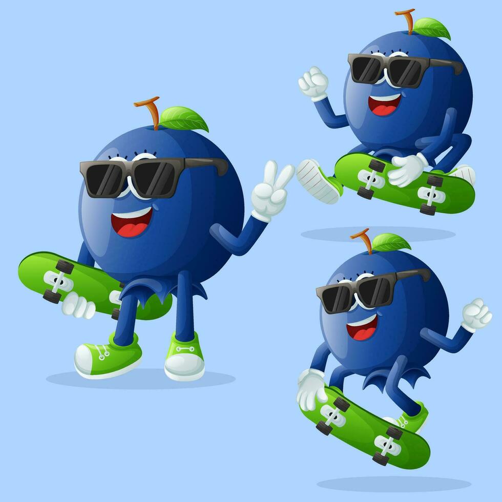 Cute blueberry characters skateboarding vector